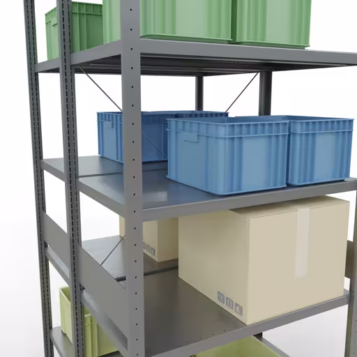 Produktbild Nr.7 des Artikels Grundregal, Doppelregal, Fachbodenregal Stecksystem MULTIplus250, 3000 x 1000 x (2x600) mm (HxBxT), 2x7 Fachböden, Kreuzstrebe, verzinkt aus der Produktreihe Fachbodenregale von der Marke Schulte Lagertechnik