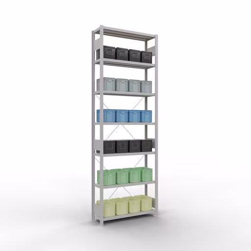 Produktbild Nr 14 des Artikels Grundregal, Fachbodenregal Stecksystem MULTIplus330, 3000 x 1000 x 300 mm (HxBxT), 7 Fachböden, Kreuzstrebe, RAL 7035 lichtgrau Abbildung Nr 14 des Artikels Grundregal, Fachbodenregal Stecksystem MULTIplus330, 3000 x 1000 x 300 mm (HxBxT), 7 Fachböden, Kreuzstrebe, RAL 7035 lichtgrau aus der Produktgruppe Stecksystem von der Marke Schulte Lagertechnik