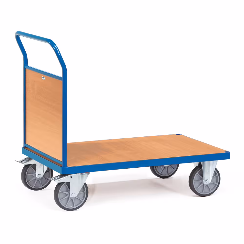 Stirnwandwagen Holz pulverbeschichtet RAL 5007, Plattform Holzwerkstoffplatte, Oberfläche Buchendekor aus der Kategorie Wagen
