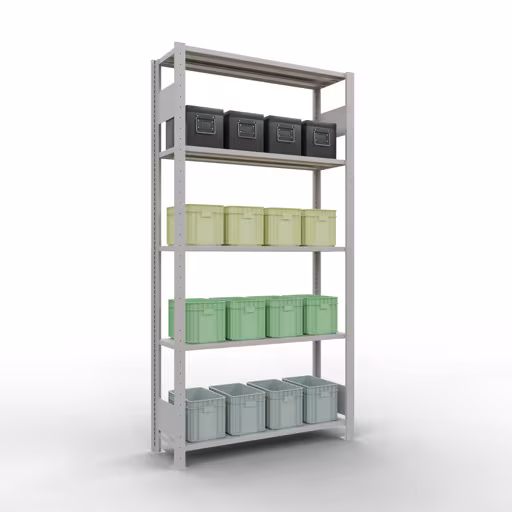 Grundregal, Fachbodenregal Stecksystem MULTIplus85, 2000 x 1000 x 300 mm (HxBxT), 5 Fachböden, Längenriegel, RAL 7035 lichtgrau von der Marke Schulte Lagertechnik aus der Produktreihe Stecksystem
