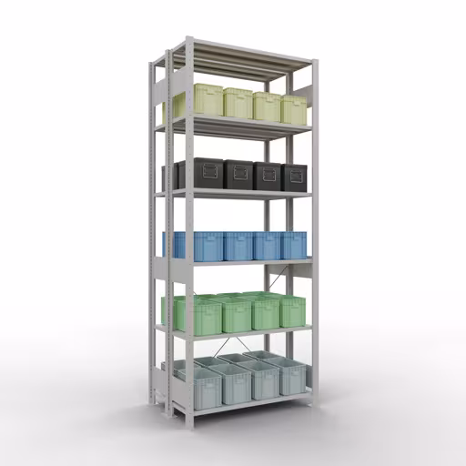 Grundregal, Doppelregal, Fachbodenregal Stecksystem MULTIplus150, 2500 x 1000 x (2x300) mm (HxBxT), 2x6 Fachböden, Kreuzstrebe, RAL 7035 lichtgrau aus der Kategorie Doppelregale mit der GTIN 4004514208347 Grundregal, Doppelregal, Fachbodenregal Stecksystem MULTIplus150, 2500 x 1000 x (2x300) mm (HxBxT), 2x6 Fachböden, Kreuzstrebe, RAL 7035 lichtgrau von der Marke Schulte Lagertechnik aus der Produktreihe Fachbodenregale