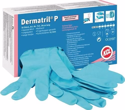 Gants jetables Dermatril P 743 taille 8 en nitrile bleu, boîte de 50 gants jetables de marque HONEYWELL Gants jetables Dermatril P 743 en nitrile, conformes aux normes EN 374 et EN 455, catégorie EPI III, boîte de 50 gants HONEYWELL, référence 4000371734.