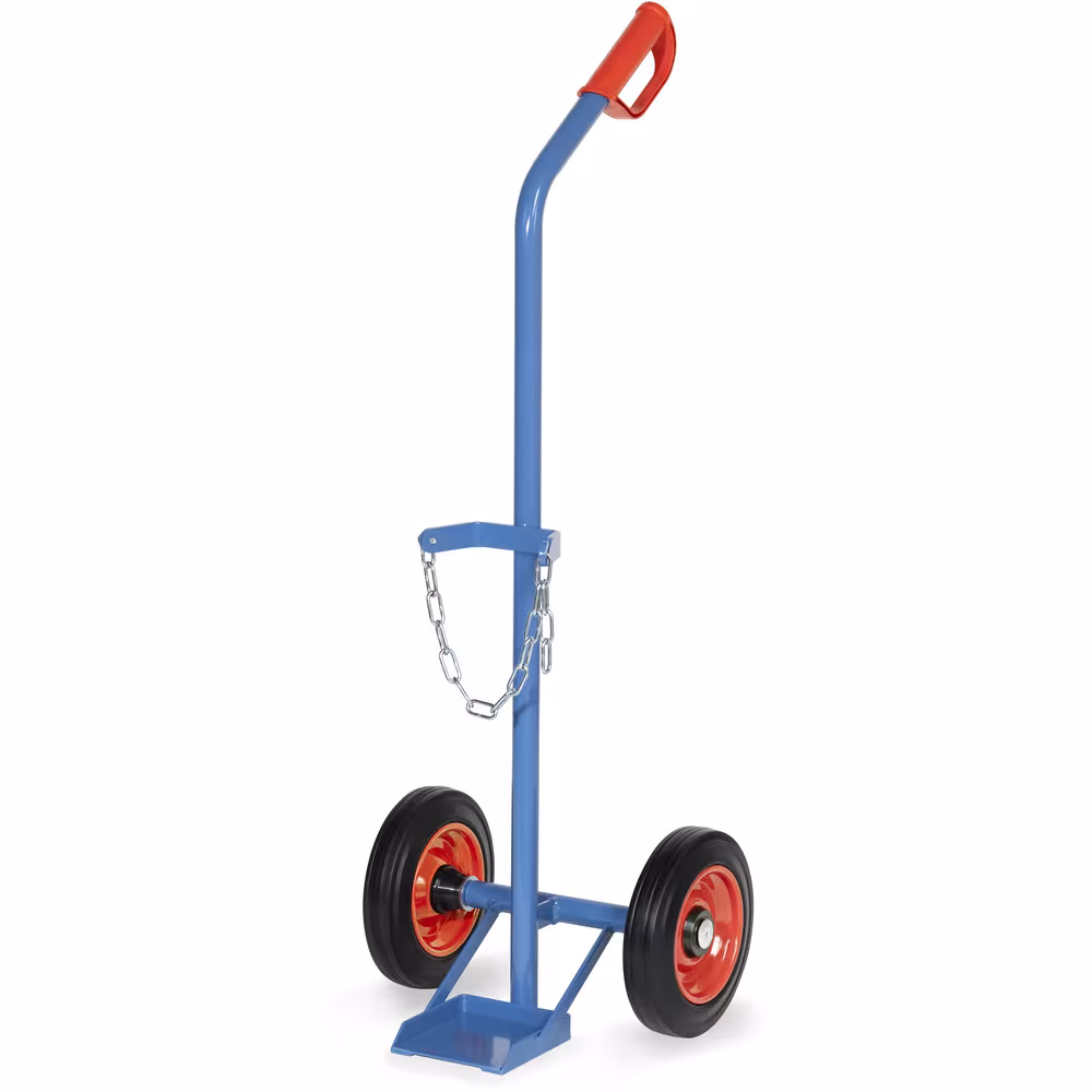 Stahlflaschenkarre 10 l pulverbeschichtet blau RAL 5007. Flaschenhalterungen mit Kettensicherung Typ Bereifung: Vollgummi aus der Kategorie Karren mit der Artikelnr. 51091