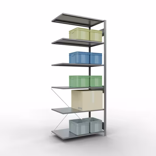 Produktbild Nr 12 des Artikels Anbauregal, Fachbodenregal Stecksystem MULTIplus150, 2500 x 1000 x 600 mm (HxBxT), 6 Fachböden, Kreuzstrebe, verzinkt Abbildung Nr 12 des Artikels Anbauregal, Fachbodenregal Stecksystem MULTIplus150, 2500 x 1000 x 600 mm (HxBxT), 6 Fachböden, Kreuzstrebe, verzinkt aus der Produktgruppe Stecksystem von der Marke Schulte Lagertechnik