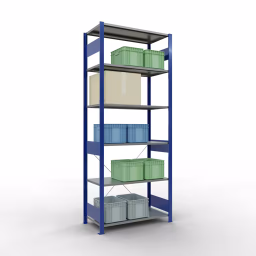 Zusatzbild des Artikels Grundregal, Fachbodenregal Stecksystem MULTIplus150, 2500 x 1000 x 500 mm (HxBxT), 6 Fachböden, Kreuzstrebe, RAL 5010/verzinkt aus Grundregal