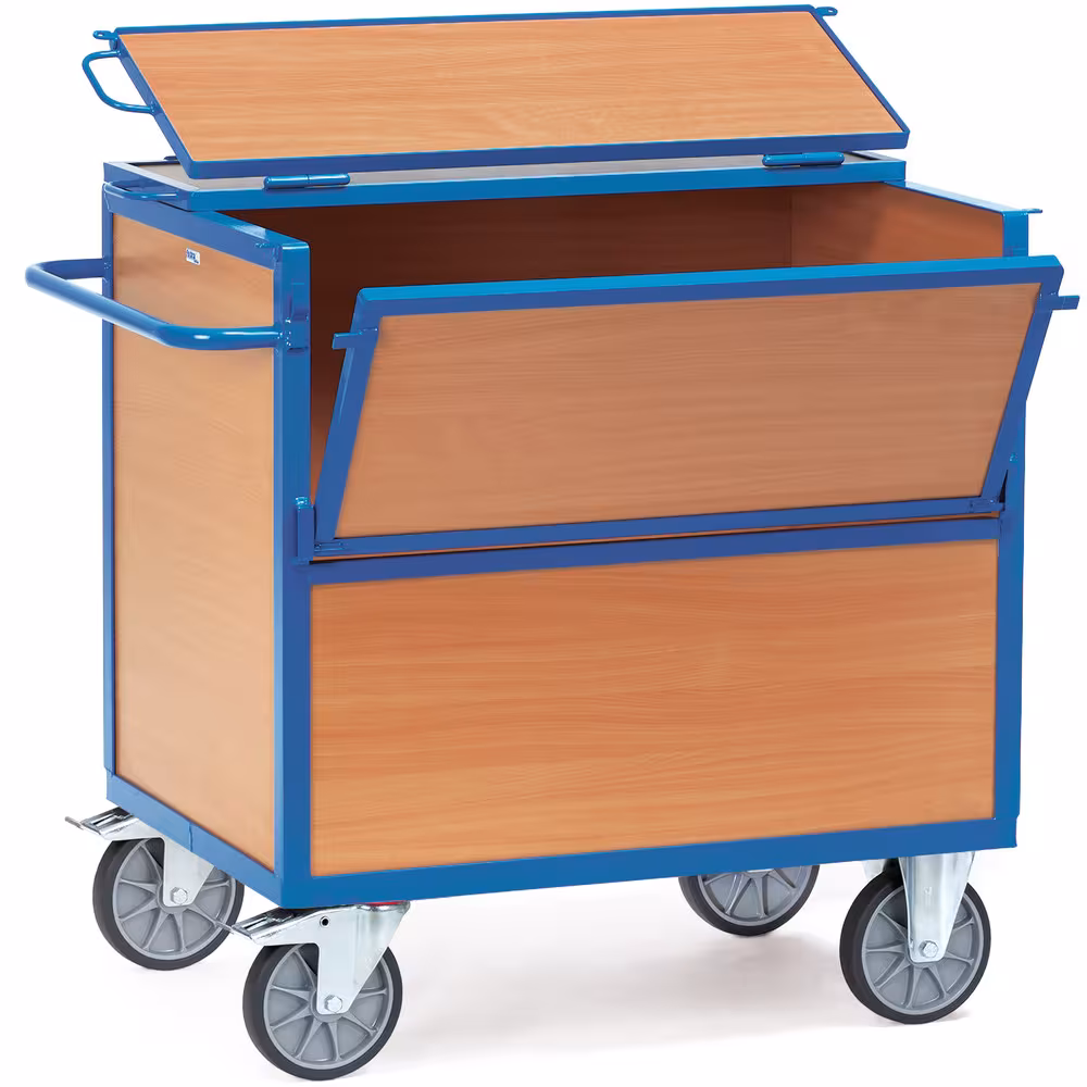 Holzkastenwagen Deckel pulverbeschichtet blau RAL 5007, Boden aus Holzwerkstoffplatte, Oberfläche Buchendekor von Fetra Holzkastenwagen Deckel pulverbeschichtet blau RAL 5007, Boden aus Holzwerkstoffplatte, Oberfläche Buchendekor aus der Kategorie Wagen