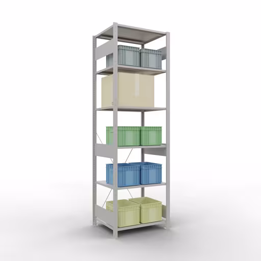 Produktbild Nr.13 des Artikels Grundregal, Fachbodenregal Stecksystem MULTIplus150, 2500 x 750 x 600 mm (HxBxT), 6 Fachböden, Kreuzstrebe, RAL 7035 lichtgrau aus der Produktreihe Stecksystem von der Marke Schulte Lagertechnik