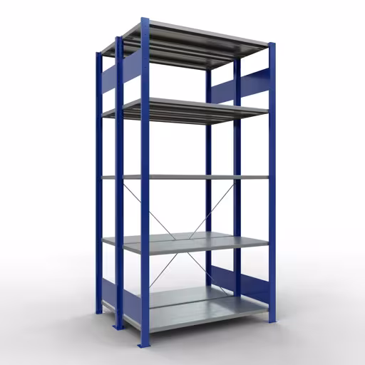 Produktbild Nr.12 des Artikels Grundregal, Doppelregal, Fachbodenregal Stecksystem MULTIplus150, 2000 x 1000 x (2x400) mm (HxBxT), 2x5 Fachböden, Kreuzstrebe, RAL 5010 enzianblau aus der Produktreihe Fachbodenregale von der Marke Schulte Lagertechnik