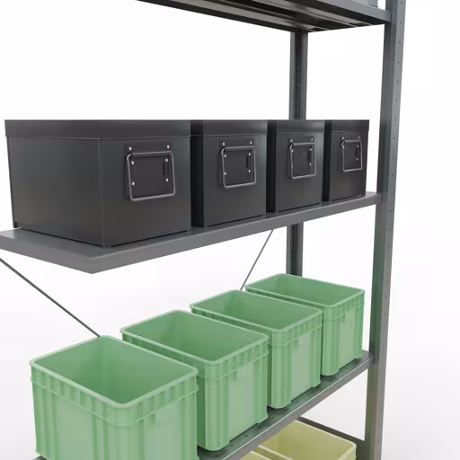 Produktbild Nr 14 des Artikels Anbauregal, Fachbodenregal Stecksystem MULTIplus150, 2000 x 1000 x 300 mm (HxBxT), 5 Fachböden, Kreuzstrebe, verzinkt Abbildung Nr 14 des Artikels Anbauregal, Fachbodenregal Stecksystem MULTIplus150, 2000 x 1000 x 300 mm (HxBxT), 5 Fachböden, Kreuzstrebe, verzinkt aus der Produktgruppe Stecksystem von der Marke Schulte Lagertechnik