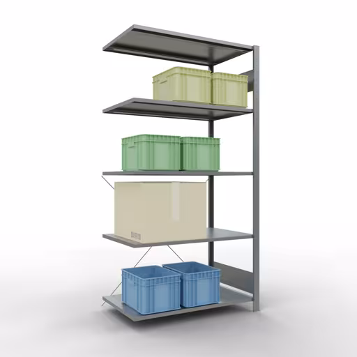 Produktbild Nr 14 des Artikels Anbauregal, Fachbodenregal Stecksystem MULTIplus150, 2000 x 1000 x 600 mm (HxBxT), 5 Fachböden, Kreuzstrebe, verzinkt Abbildung Nr 14 des Artikels Anbauregal, Fachbodenregal Stecksystem MULTIplus150, 2000 x 1000 x 600 mm (HxBxT), 5 Fachböden, Kreuzstrebe, verzinkt aus der Produktgruppe Stecksystem von der Marke Schulte Lagertechnik