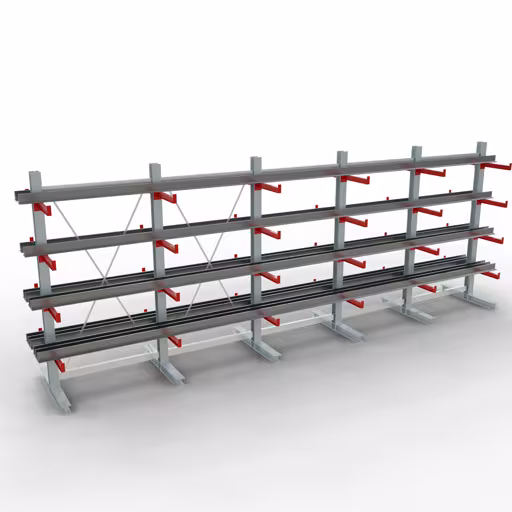 Produktbild Nr 11 des Artikels K 3000 Komplettregal, doppelseitig, 2500 x 6500 x 500 mm, RAL 7001 / RAL 3000, 5 Lagerebenen Abbildung Nr 11 des Artikels K 3000 Komplettregal, doppelseitig, 2500 x 6500 x 500 mm, RAL 7001 / RAL 3000, 5 Lagerebenen aus der Produktgruppe Kragarmregale von der Marke Schulte Lagertechnik