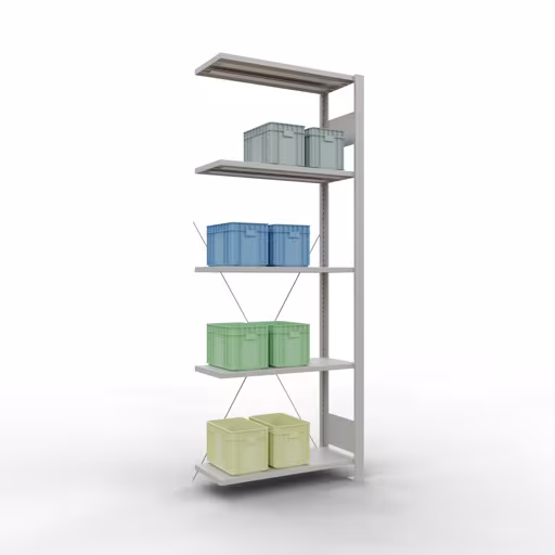 Anbauregal, Fachbodenregal Stecksystem MULTIplus150, 2000 x 750 x 300 mm (HxBxT), 5 Fachböden, Kreuzstrebe, RAL 7035 lichtgrau von der Marke Schulte Lagertechnik aus der Produktreihe Stecksystem