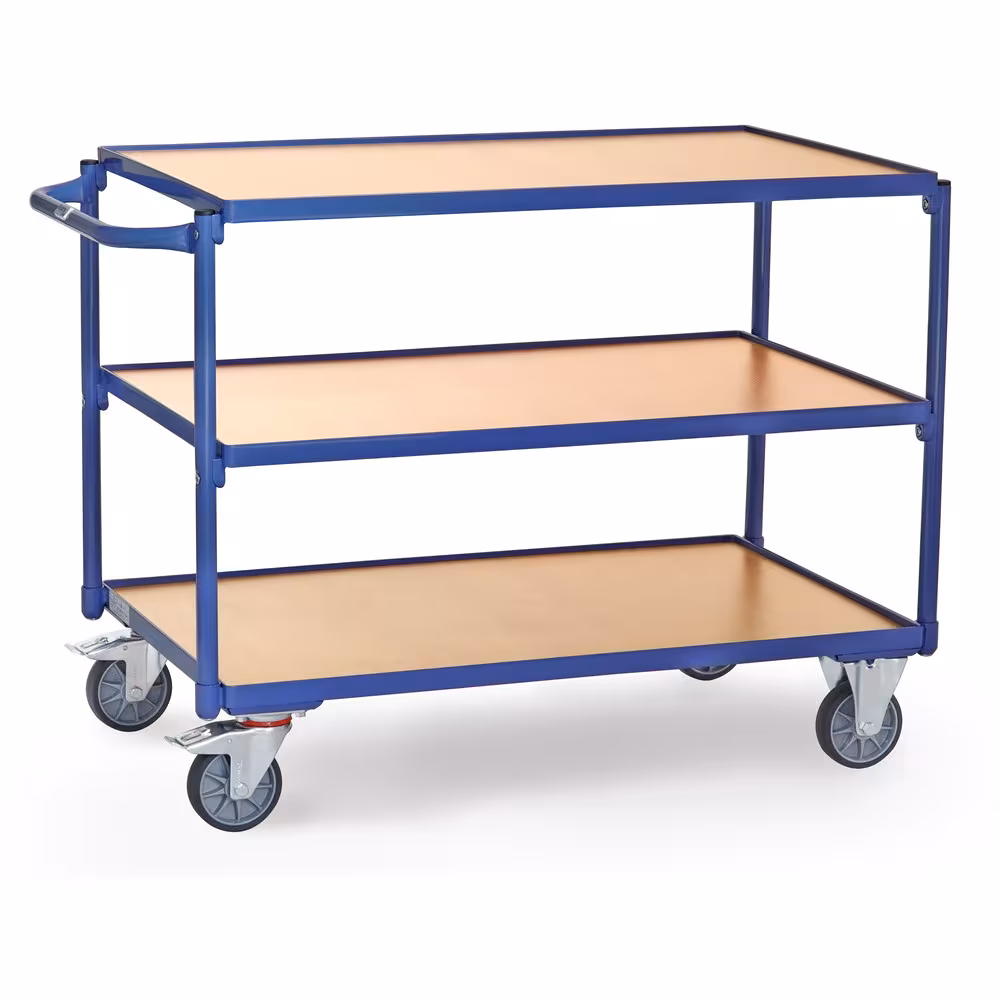 Tischwagen 2950 Breite 500 mm, Länge 850 mm aus der Kategorie Tischwagen mit der GTIN 4017976021270 Tischwagen 300 kg 3 Etagen aus Stahlrohr und Profilstahl geschweißt, pulverbeschichtet brillantblau RAL 5007, Schraubkonstruktion von der Marke Fetra aus der Kategorie Tischwagen