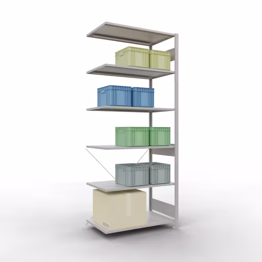 Abbildung Nr 14 des Artikels Anbauregal, Fachbodenregal Stecksystem MULTIplus85, 2500 x 1000 x 600 mm (HxBxT), 6 Fachböden, Kreuzstrebe, RAL 7035 lichtgrau aus der Produktgruppe Stecksystem von der Marke Schulte Lagertechnik