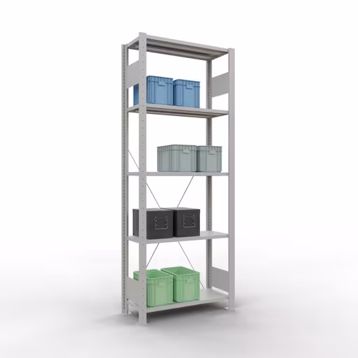 Produktbild Nr.6 des Artikels Grundregal, Fachbodenregal Stecksystem MULTIplus150, 2000 x 750 x 300 mm (HxBxT), 5 Fachböden, Kreuzstrebe, RAL 7035 lichtgrau aus der Produktreihe Stecksystem von der Marke Schulte Lagertechnik