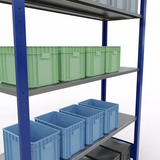 Produktbild Nr.14 des Artikels Grundregal, Fachbodenregal Stecksystem MULTIplus150, 2000 x 1300 x 400 mm (HxBxT), 5 Fachböden, Längenriegel, RAL 5010 enzianblau/verzinkt aus der Produktreihe Stecksystem von der Marke Schulte Lagertechnik