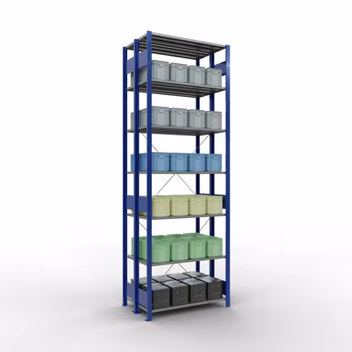 Grundregal, Doppelregal, Fachbodenregal Stecksystem MULTIplus150, 3000 x 1000 x (2x600) mm (HxBxT), 2x7 Fachböden, Kreuzstrebe, RAL 5010 enzianblau mit der Artikelnr. 32732-B Grundregal, Doppelregal, Fachbodenregal Stecksystem MULTIplus150, 3000 x 1000 x (2x600) mm (HxBxT), 2x7 Fachböden, Kreuzstrebe, RAL 5010 enzianblau von Schulte Lagertechnik aus der Kategorie Fachbodenregale