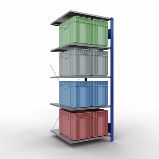 Anbauregal, Fachbodenregal Stecksystem MULTIplus150, 2000 x 750 x 800 mm (HxBxT), 5 Fachböden, Kreuzstrebe, RAL 5010 enzianblau/verzinkt/verzinkt mit der GTIN 4004514281500 Anbauregal, Fachbodenregal Stecksystem MULTIplus150, 2000 x 750 x 800 mm (HxBxT), 5 Fachböden, Kreuzstrebe, RAL 5010 enzianblau/verzinkt/verzinkt von Schulte Lagertechnik mit der Artikelnr. 12785-75-B