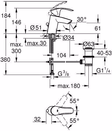 Technische Zeichnung 4020362 GROHE Einhebel-Waschtischbatterie Eurosmart 33265_2 S-Size chrom