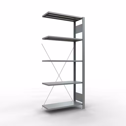 Anbauregal, Büro-Fachbodenregal Stecksystem MULTIplus85, 1800 x 750 x 300 mm (HxBxT), 5 Fachböden, Kreuzstrebe, verzinkt, ohne Anschlagleiste aus der Kategorie Stecksystem mit der Artikelnummer 17721