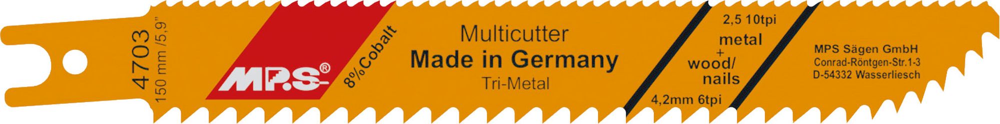 MPS Tri-Metall-Säbelsägeblatt Gesamtlänge 150/verzahnte Länge 130 mm Zahnteilung 4,2 mm / 2,5 mm / 4,2mm von der Marke MPS MPS Tri-Metall-Säbelsägeblatt Holz nagelfest aus der Kategorie Säbelsägeblatt mit der Artikelnummer 4703-2