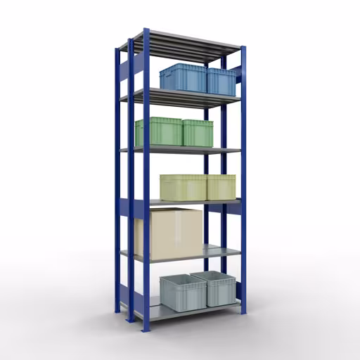 Grundregal, Doppelregal, Fachbodenregal Stecksystem MULTIplus150, 2500 x 1000 x (2x300) mm (HxBxT), 2x6 Fachböden, Längenriegel, RAL 5010 enzianblau von Schulte Lagertechnik aus der Kategorie Fachbodenregale