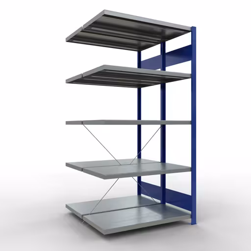 Abbildung Nr 13 des Artikels Anbauregal, Doppelregal, Fachbodenregal Stecksystem MULTIplus250, 2000 x 1000 x (2x500) mm (HxBxT), 2x5 Fachböden, Kreuzstrebe, RAL 5010 enzianblau aus der Produktgruppe Fachbodenregale von der Marke Schulte Lagertechnik