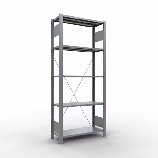 Grundregal, Büro-Fachbodenregal Stecksystem MULTIplus85, 1800 x 750 x 300 mm (HxBxT), 5 Fachböden, Kreuzstrebe, verzinkt, ohne Anschlagleiste aus der Kategorie Stecksystem mit der Artikelnummer 17718