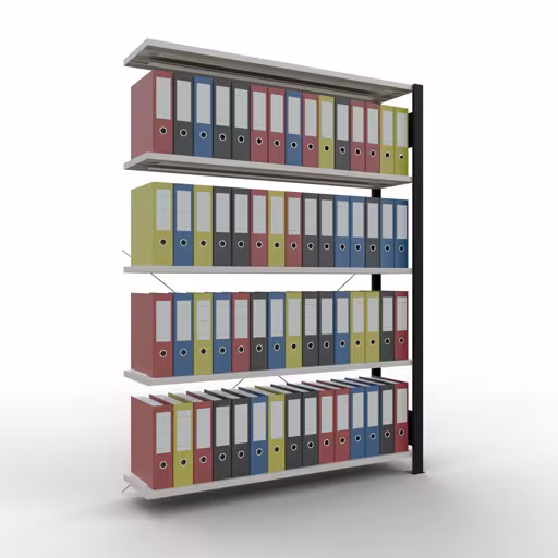 Produktbild Nr 12 des Artikels Anbauregal, Büro-Fachbodenregal Stecksystem MULTIplus85, 1800 x 1300 x 300 mm (HxBxT), 5 Fachböden, Kreuzstrebe, ohne Anschlagleiste, schwarz/lichtgrau Abbildung Nr 12 des Artikels Anbauregal, Büro-Fachbodenregal Stecksystem MULTIplus85, 1800 x 1300 x 300 mm (HxBxT), 5 Fachböden, Kreuzstrebe, ohne Anschlagleiste, schwarz/lichtgrau aus der Produktgruppe Büroregale von der Marke Schulte Lagertechnik