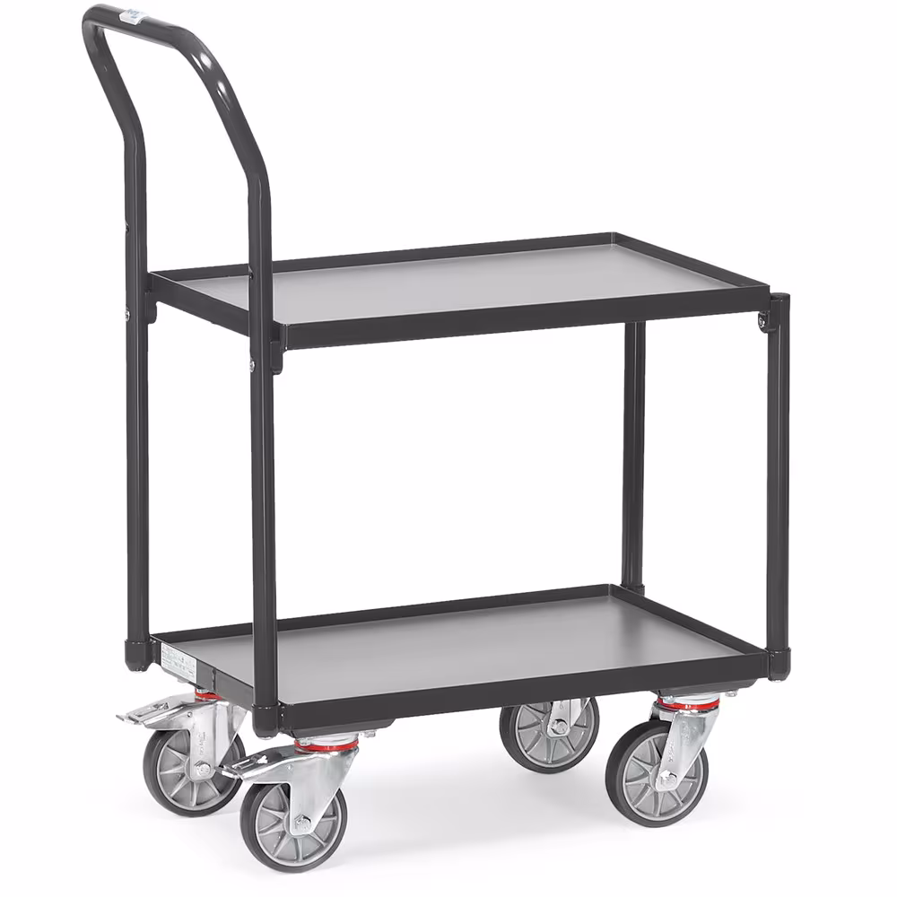 Etagenroller mit Rohrschiebebügel Beide Rahmen mit Böden aus Holzwerkstoffplatte, Oberfläche mittelgrau von der Marke Fetra aus der Produktreihe Transportsysteme