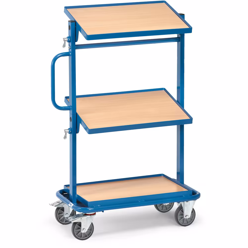 Beistellwagen 32911 - mit Böden- blau RAL 5007, 3 Holzwerkstoffplatten, Rand 13 mm hoch von der Marke Fetra aus der Produktreihe Transportsysteme