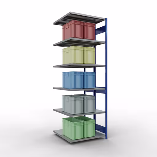 Zusatzbild des Artikels Anbauregal, Doppelregal, Fachbodenregal Stecksystem MULTIplus250, 3000 x 1000 x (2x500) mm (HxBxT), 2x7 Fachböden, Längenriegel, RAL 5010 enzianblau aus Doppelregale