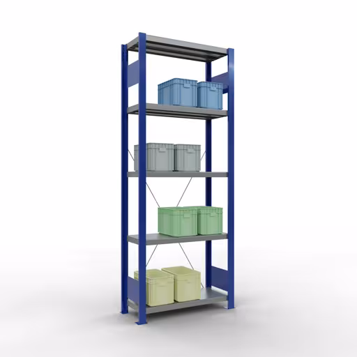 Produktbild Nr 15 des Artikels Grundregal, Fachbodenregal Stecksystem MULTIplus250, 2000 x 750 x 300 mm (HxBxT), 5 Fachböden, Kreuzstrebe, RAL 5010 enzianblau/verzinkt/verzinkt Abbildung Nr 15 des Artikels Grundregal, Fachbodenregal Stecksystem MULTIplus250, 2000 x 750 x 300 mm (HxBxT), 5 Fachböden, Kreuzstrebe, RAL 5010 enzianblau/verzinkt/verzinkt aus der Produktgruppe Stecksystem von der Marke Schulte Lagertechnik