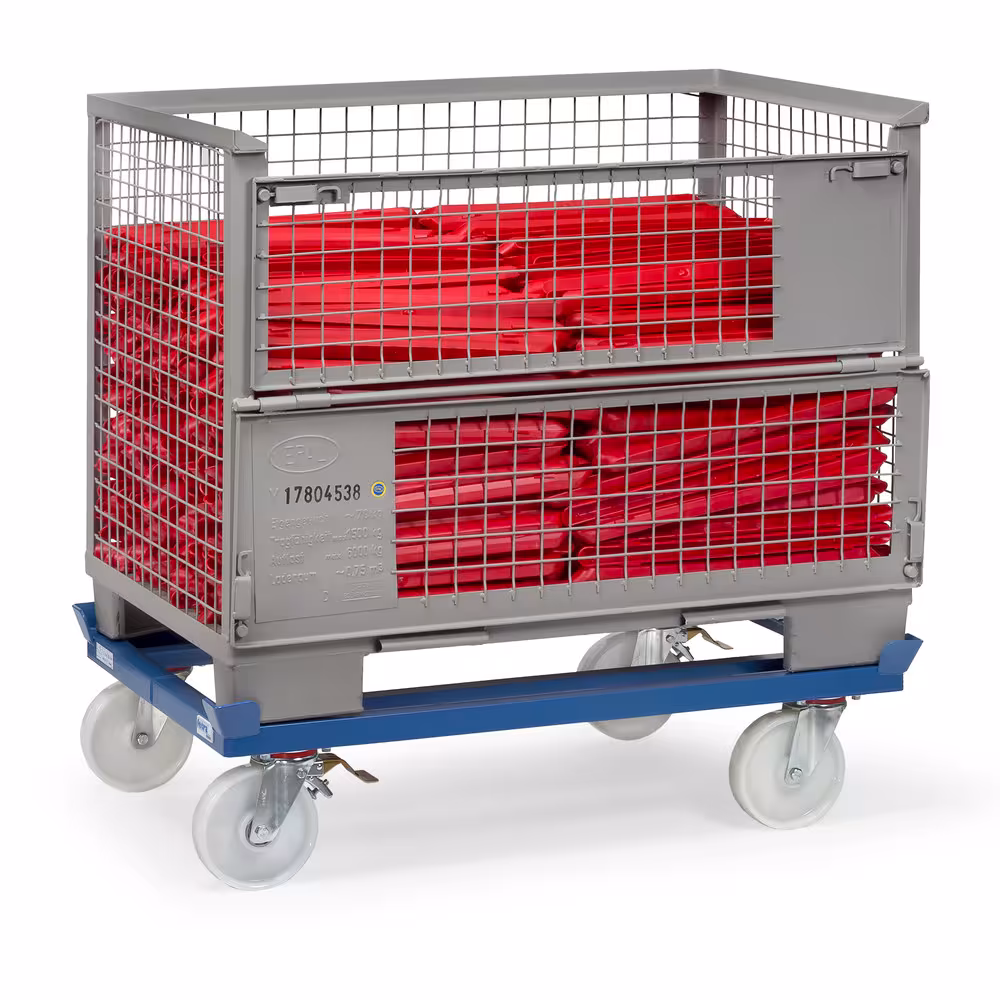 Paletten-Fahrgestell Trolley Robuste Winkelstahl-Schweißkonstruktion, mit 4 Fangecken, pulverbeschichtet blau RAL 5007 Ausführung Ladeflächenbreite: 810 mm mit der GTIN 4017976238814 Paletten-Fahrgestell 23881 Breite 810 mm, Länge 1210 mm von Fetra mit der Artikelnr. 23881