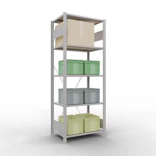 Grundregal, Fachbodenregal Stecksystem MULTIplus150, 2000 x 750 x 500 mm (HxBxT), 5 Fachböden, Kreuzstrebe, RAL 7035 lichtgrau mit der GTIN 4004514205391 Grundregal, Fachbodenregal Stecksystem MULTIplus150, 2000 x 750 x 500 mm (HxBxT), 5 Fachböden, Kreuzstrebe, RAL 7035 lichtgrau von Schulte Lagertechnik mit der Artikelnr. 32650-75