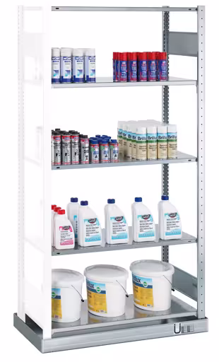 Anbauregal, Kleingebinderegal MULTIplus150, 2000 x 1000 x 500 mm (HxBxT), verzinkt, mit Auffangwanne (Volumen: 33 Liter) und 5 Fachböden von der Marke Schulte Lagertechnik aus der Produktreihe Fachbodenregale