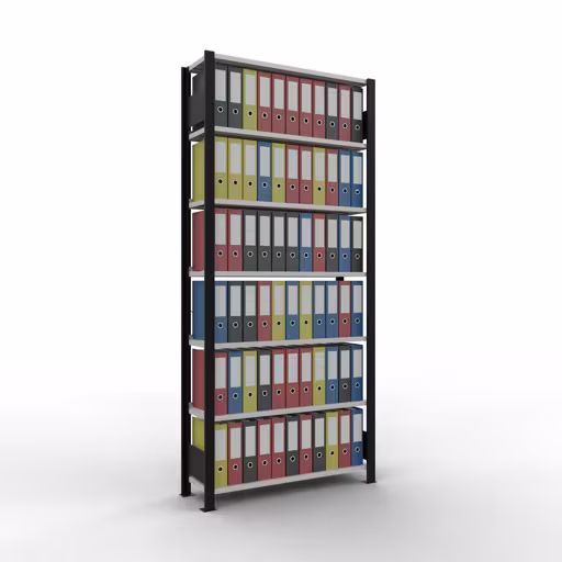 Abbildung Nr 8 des Artikels Grundregal, Büro-Fachbodenregal Stecksystem MULTIplus85, 2300 x 1000 x 300 mm (HxBxT), 7 Fachböden, Kreuzstrebe, mit Anschlagleiste, schwarz/lichtgrau aus der Produktgruppe Büroregale von der Marke Schulte Lagertechnik