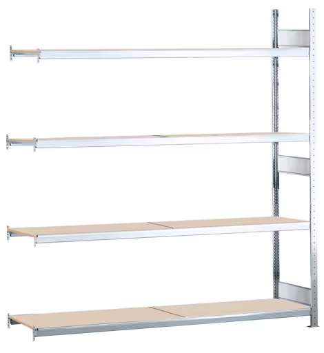 Anbauregal, Weitspannregal WS 2000 mit Spanplatten, 2500 x 1500 x 400 mm (HxBxT), verzinkt, 4 Ebenen, Fachlast 400 kg, Feldlast 1.600 kg von der Marke Schulte Lagertechnik Anbauregal, Weitspannregal WS 2000 mit Spanplatten, 2500 x 1500 x 400 mm (HxBxT), verzinkt, 4 Ebenen, Fachlast 400 kg, Feldlast 1.600 kg aus der Kategorie WS2000 für Fachlasten bis 400kg mit der Artikelnummer 15621
