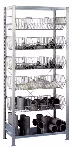 Grundregal, Drahtgitterkorbregal MULTIplus150, 2300 x 1000 x 500 mm (HxBxT), verzinkt, 2 Fachböden, 5 Stück Drahtgitterkörbe aus der Kategorie Kleinteilelagerung mit der Artikelnummer 13674