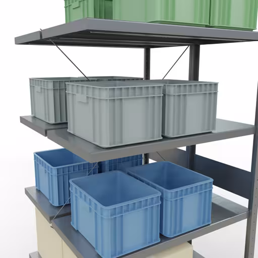 Produktbild Nr.7 des Artikels Anbauregal, Doppelregal, Fachbodenregal Stecksystem MULTIplus250, 3000 x 1000 x (2x500) mm (HxBxT), 2x7 Fachböden, Kreuzstrebe, verzinkt aus der Produktreihe Fachbodenregale von der Marke Schulte Lagertechnik
