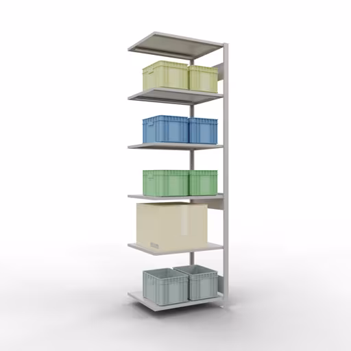 Anbauregal, Fachbodenregal Stecksystem MULTIplus150, 2500 x 750 x 600 mm (HxBxT), 6 Fachböden, Längenriegel, RAL 7035 lichtgrau von Schulte Lagertechnik mit der Artikelnr. 32666-75-LR