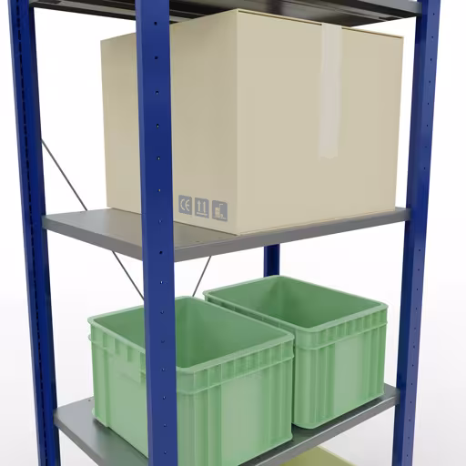 Grundregal, Fachbodenregal Stecksystem MULTIplus150, 2000 x 750 x 500 mm (HxBxT), 5 Fachböden, Kreuzstrebe, RAL 5010 enzianblau/verzinkt/verzinkt mit der Artikelnr. 12750-75-B Grundregal, Fachbodenregal Stecksystem MULTIplus150, 2000 x 750 x 500 mm (HxBxT), 5 Fachböden, Kreuzstrebe, RAL 5010 enzianblau/verzinkt/verzinkt von Schulte Lagertechnik aus der Kategorie Stecksystem