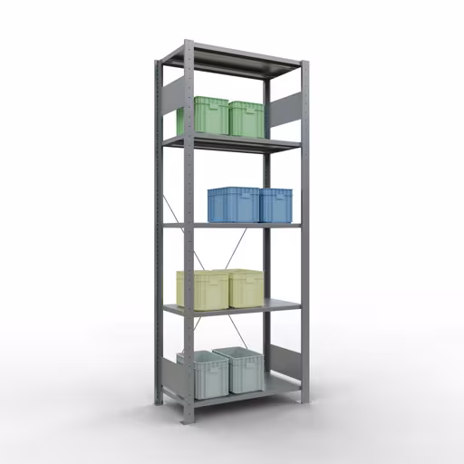 Grundregal, Fachbodenregal Stecksystem MULTIplus150, 2000 x 750 x 400 mm (HxBxT), 5 Fachböden, Kreuzstrebe, verzinkt mit der Artikelnr. 12740-75 Grundregal, Fachbodenregal Stecksystem MULTIplus150, 2000 x 750 x 400 mm (HxBxT), 5 Fachböden, Kreuzstrebe, verzinkt von Schulte Lagertechnik aus der Kategorie Stecksystem