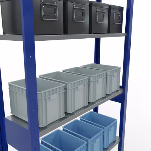 Grundregal, Fachbodenregal Stecksystem MULTIplus150, 2500 x 1000 x 300 mm (HxBxT), 6 Fachböden, Längenriegel, RAL 5010 enzianblau/verzinkt aus der Kategorie Grundregal mit der GTIN 4004514279569 Grundregal, Fachbodenregal Stecksystem MULTIplus150, 2500 x 1000 x 300 mm (HxBxT), 6 Fachböden, Längenriegel, RAL 5010 enzianblau/verzinkt von der Marke Schulte Lagertechnik aus der Produktreihe Stecksystem