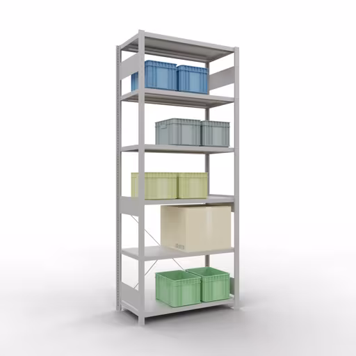 Grundregal, Fachbodenregal Stecksystem MULTIplus250, 2500 x 1000 x 500 mm (HxBxT), 6 Fachböden, Kreuzstrebe, RAL 7035 lichtgrau mit der GTIN 4004514204028 Grundregal, Fachbodenregal Stecksystem MULTIplus250, 2500 x 1000 x 500 mm (HxBxT), 6 Fachböden, Kreuzstrebe, RAL 7035 lichtgrau von Schulte Lagertechnik mit der Artikelnr. 32851