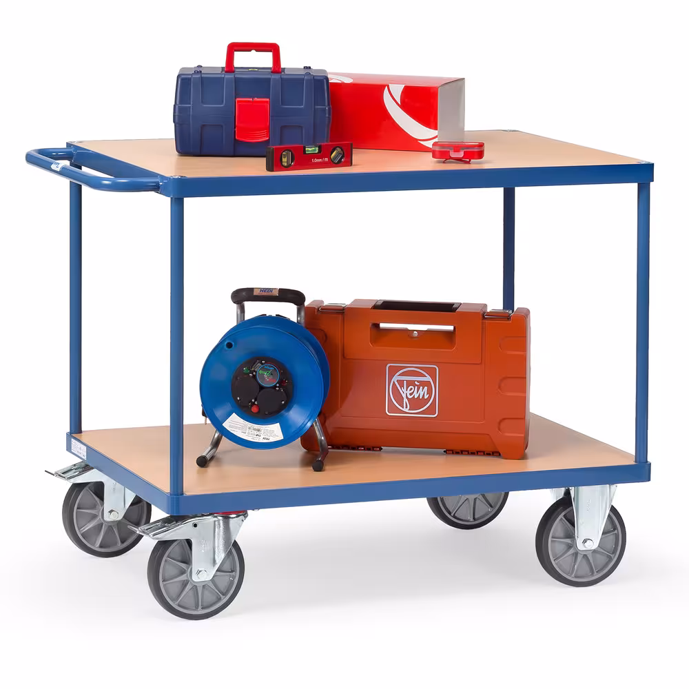 Tischwagen bis 600kg 2 Etagen pulverbeschichtet blau RAL 5007, Dauerhaft oberflächengeschützt, schlag- und kratzfest Ausführung Ladeflächenbreite: 500 mm mit der GTIN 4017976024004 Tischwagen 2400 Breite 500 mm, Länge 850 mm von Fetra mit der Artikelnr. 2400