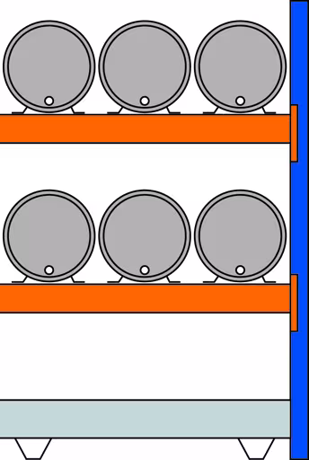 Anbauregal, Fassregal, 2000 x 1350 x 800 mm (HxBxT), blau/verzinkt/RAL 2004, 2 Ebenen für je 3 Fässer 60 l liegend; 1 Bodenwanne 1330 x 1100 mm von Schulte Lagertechnik mit der Artikelnr. 46963