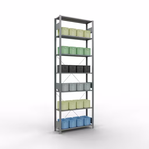 Abbildung Nr 13 des Artikels Grundregal, Fachbodenregal Stecksystem MULTIplus150, 3000 x 1000 x 300 mm (HxBxT), 7 Fachböden, Kreuzstrebe, verzinkt aus der Produktgruppe Stecksystem von der Marke Schulte Lagertechnik