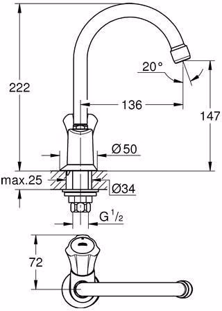 Technische Zeichnung 4080478 Valvola a colonna GROHE Costa con bocchetta e aeratore, finitura cromata.