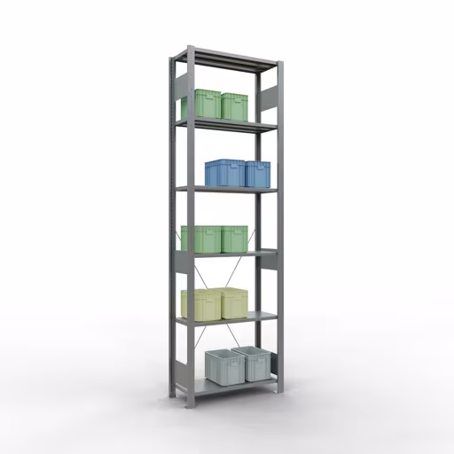 Andere Ansicht des Artikels Grundregal, Fachbodenregal Stecksystem MULTIplus150, 2500 x 750 x 300 mm (HxBxT), 6 Fachböden, Kreuzstrebe, verzinkt Andere Ansicht des Artikels Grundregal, Fachbodenregal Stecksystem MULTIplus150, 2500 x 750 x 300 mm (HxBxT), 6 Fachböden, Kreuzstrebe, verzinkt aus der Kategorie Stecksystem